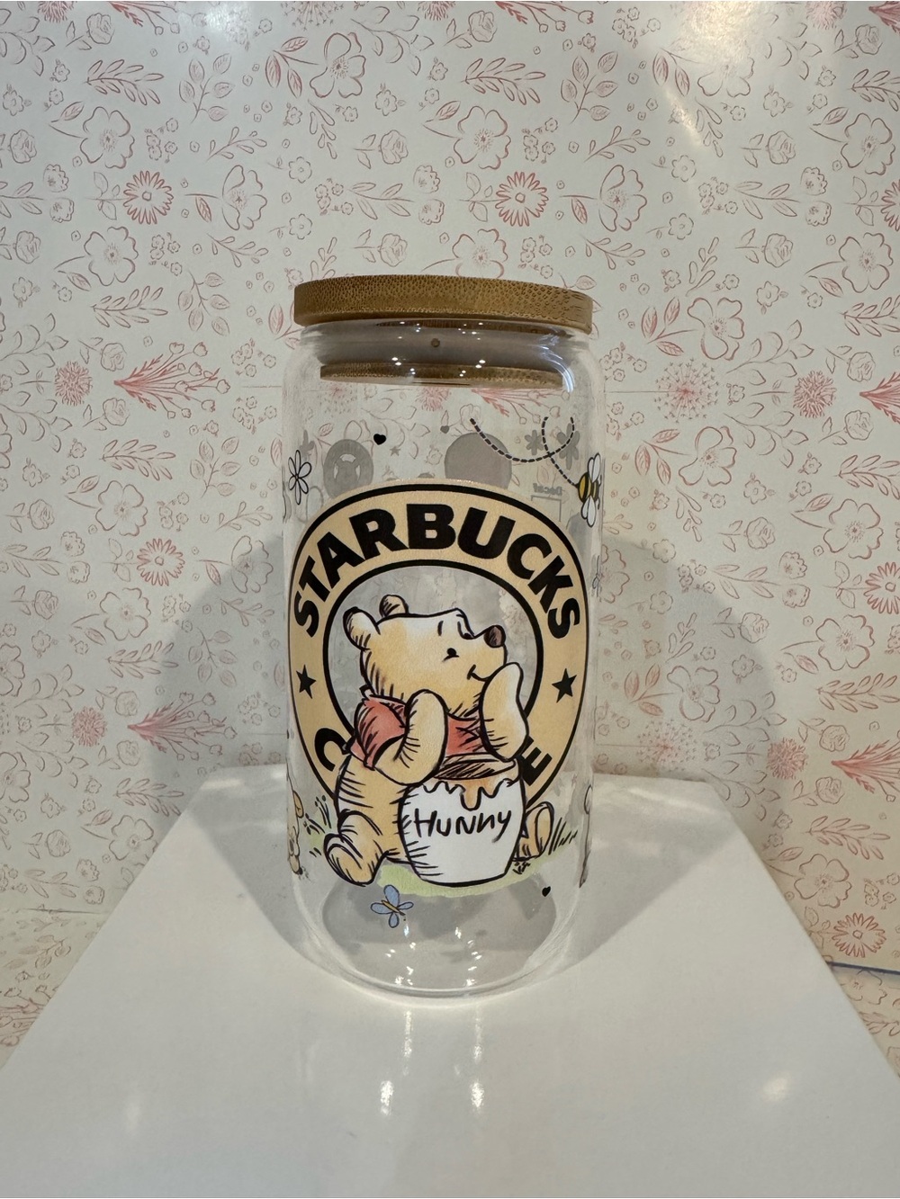 Starbucks Clear Glass Winnie the Pooh Tumbler with Brown Lid and glass straw
